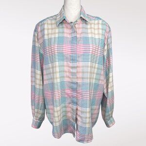 Vintage Pastel Plaid Button Down Shirt Cotton Long Sleeve Size 14